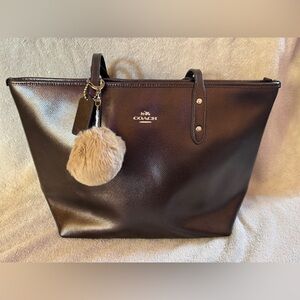 Coach Dark Brown Leather Tote with Charm
